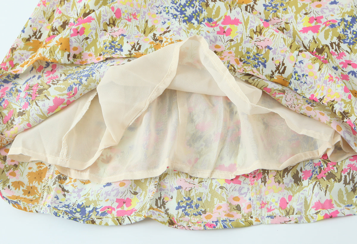 Summer Psychedelic Small Floral Print Square Collar Backless Lace up Long Sleeve Dress  DestGlow