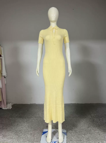 Summer Women Candy Color Slim Fit Dress Women Summer round Neck Short Sleeves Knitted Long Sweater Dress by Ragazza