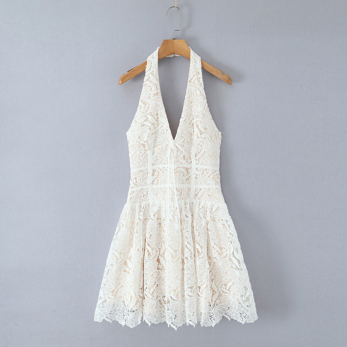 Classic Sexy Deep V Plunge neck Lace Crochet Embroidery Dress Women Elegant Halter Waist A line Dress by Ragazza