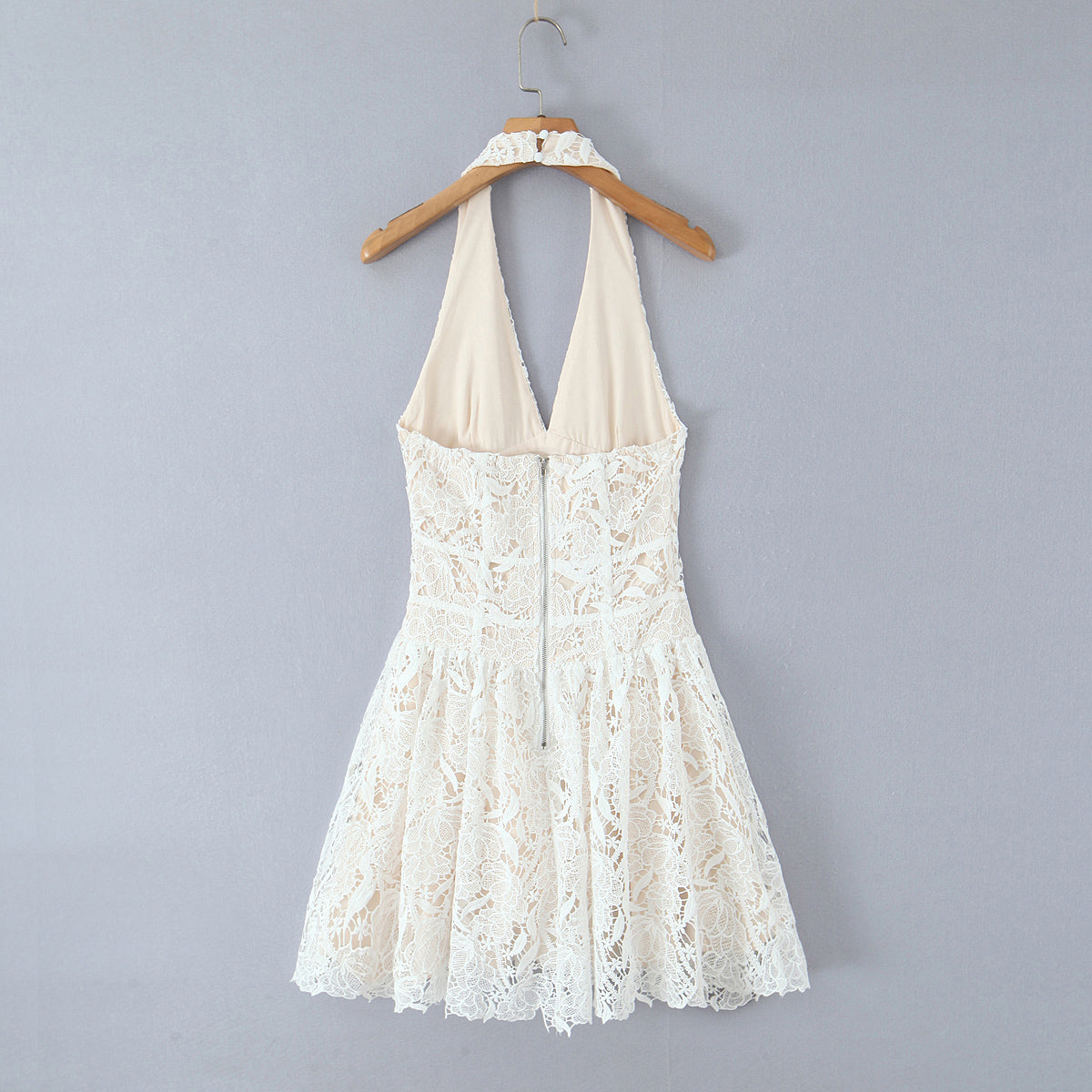 Classic Sexy Deep V Plunge neck Lace Crochet Embroidery Dress Women Elegant Halter Waist A line Dress by Ragazza