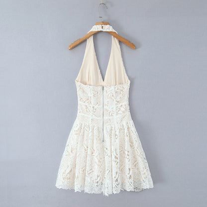 Classic Sexy Deep V Plunge neck Lace Crochet Embroidery Dress Women Elegant Halter Waist A line Dress by Ragazza
