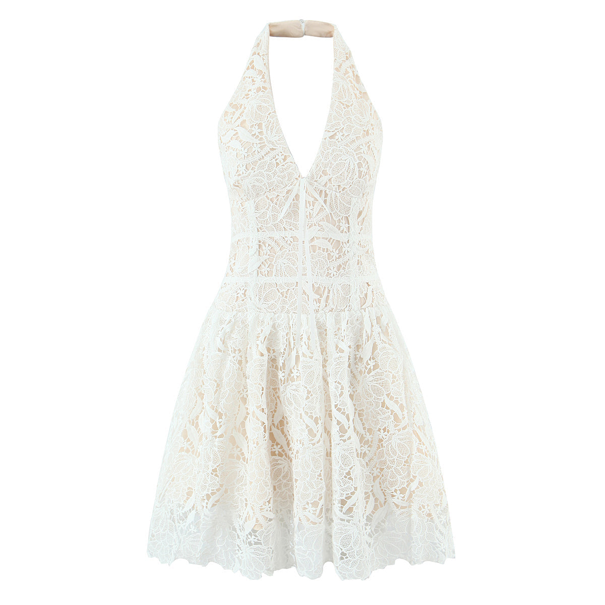 Classic Sexy Deep V Plunge neck Lace Crochet Embroidery Dress Women Elegant Halter Waist A line Dress by Ragazza