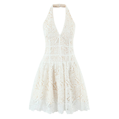 Classic Sexy Deep V Plunge neck Lace Crochet Embroidery Dress Women Elegant Halter Waist A line Dress by Ragazza