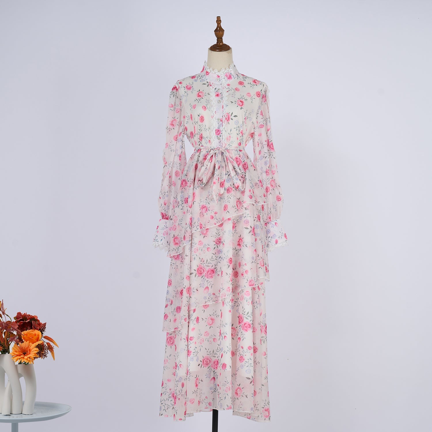 Women Spring And Autumn Long Sleeve Printed Buttons Of The Belt Dress by Ragazza