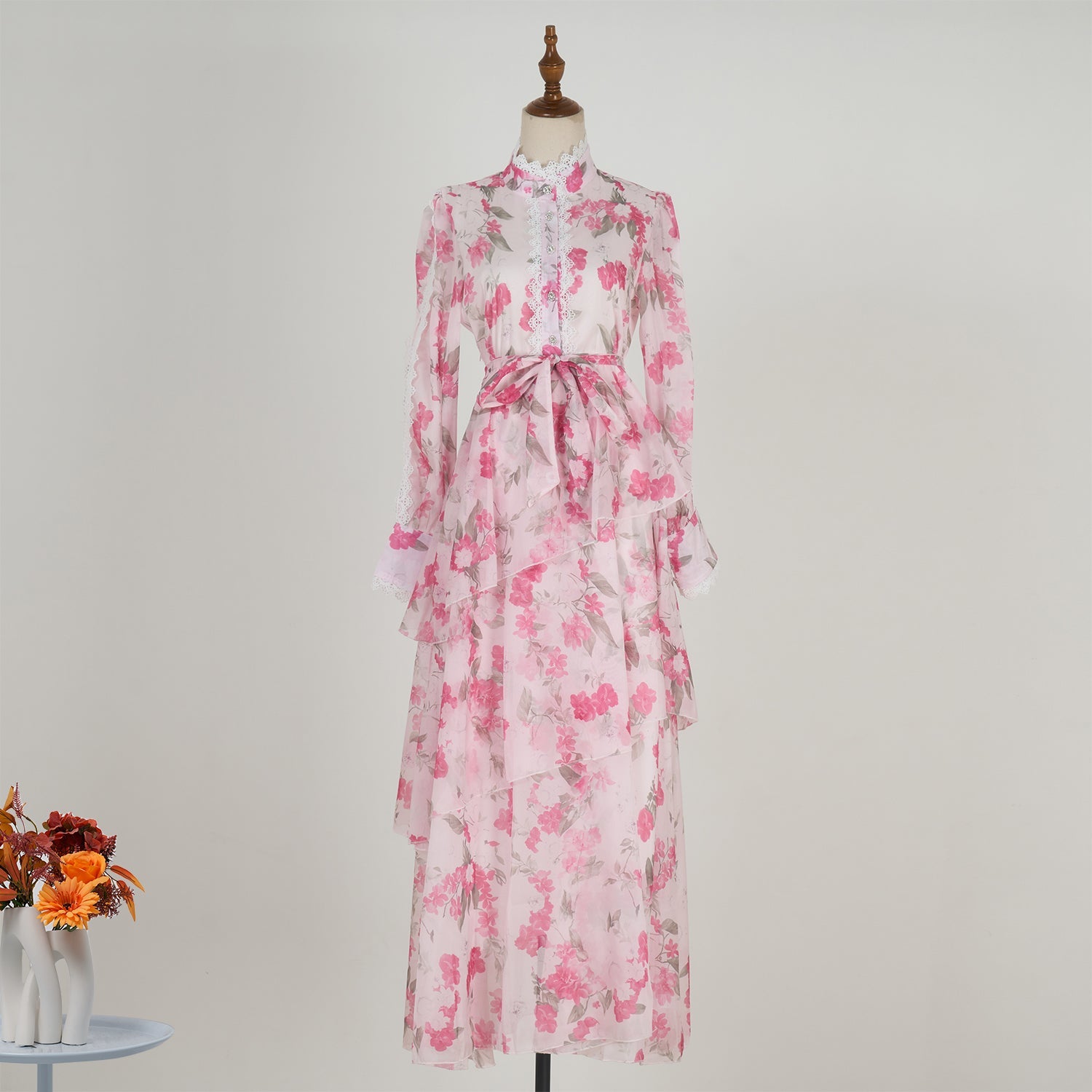 Women Spring And Autumn Long Sleeve Printed Buttons Of The Belt Dress by Ragazza