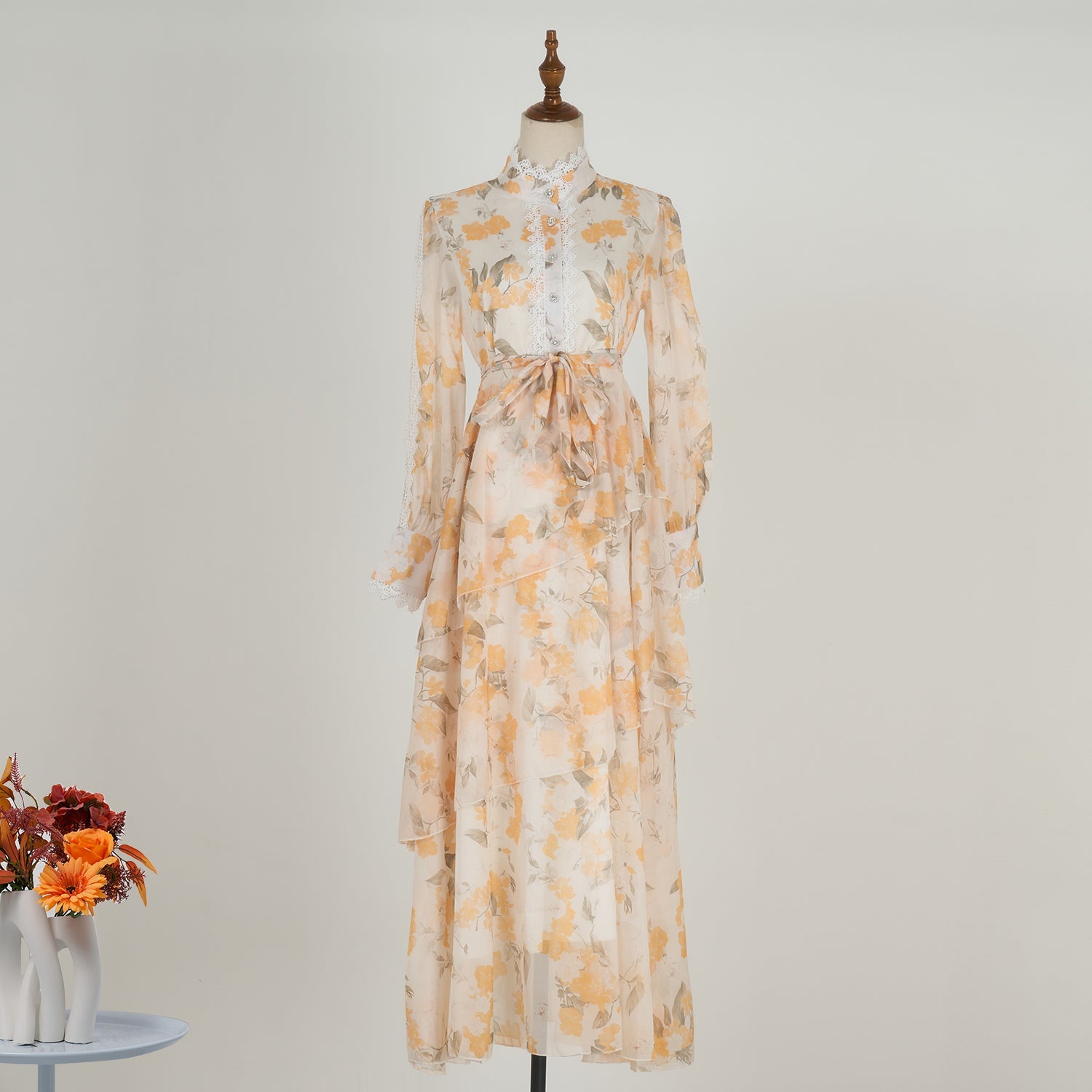 Women Spring And Autumn Long Sleeve Printed Buttons Of The Belt Dress by Ragazza