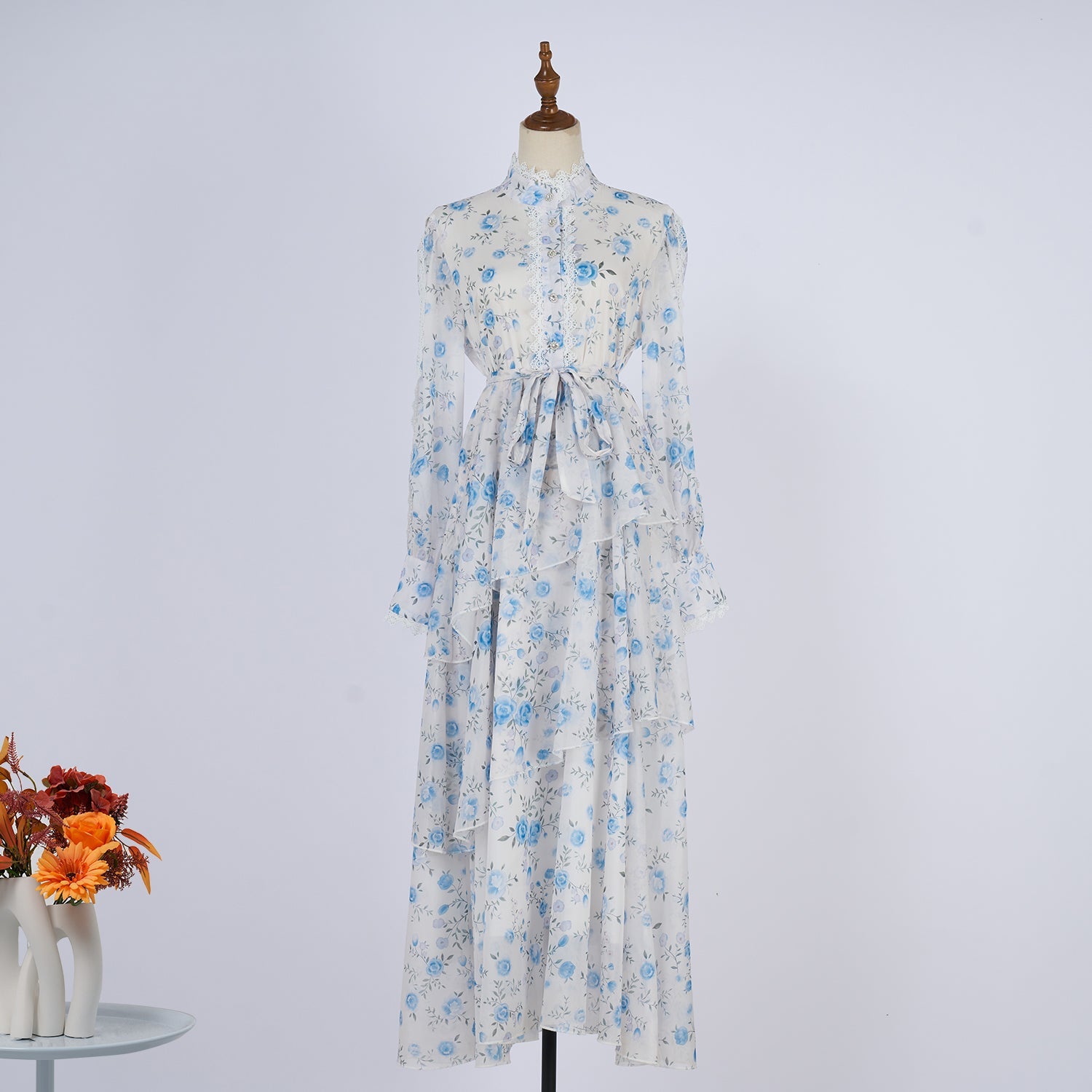 Women Spring And Autumn Long Sleeve Printed Buttons Of The Belt Dress by Ragazza