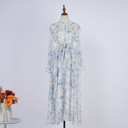 Women Spring And Autumn Long Sleeve Printed Buttons Of The Belt Dress by Ragazza