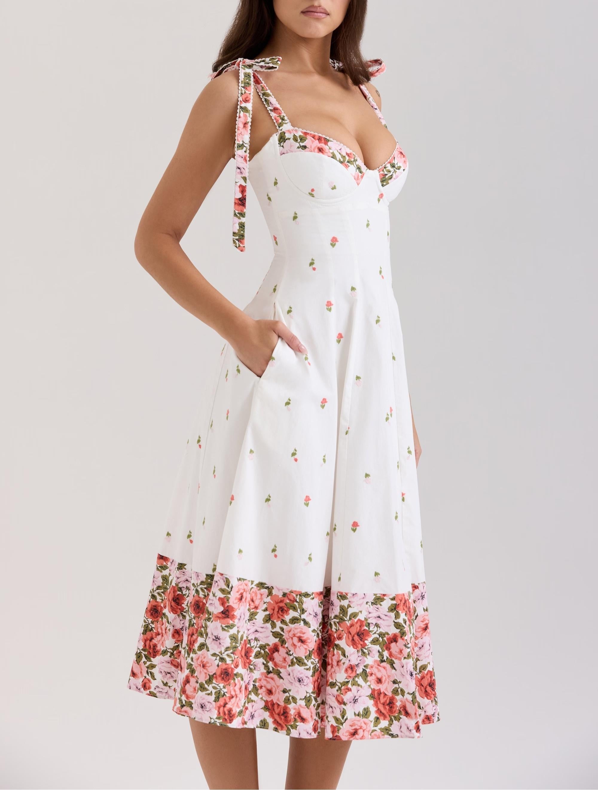 Elegant Sweet Dress Women Summer Printed Lace up Waist Tight Design Cami Dress by Ragazza