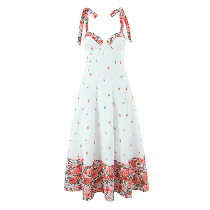 Elegant Sweet Dress Women Summer Printed Lace up Waist Tight Design Cami Dress by Ragazza