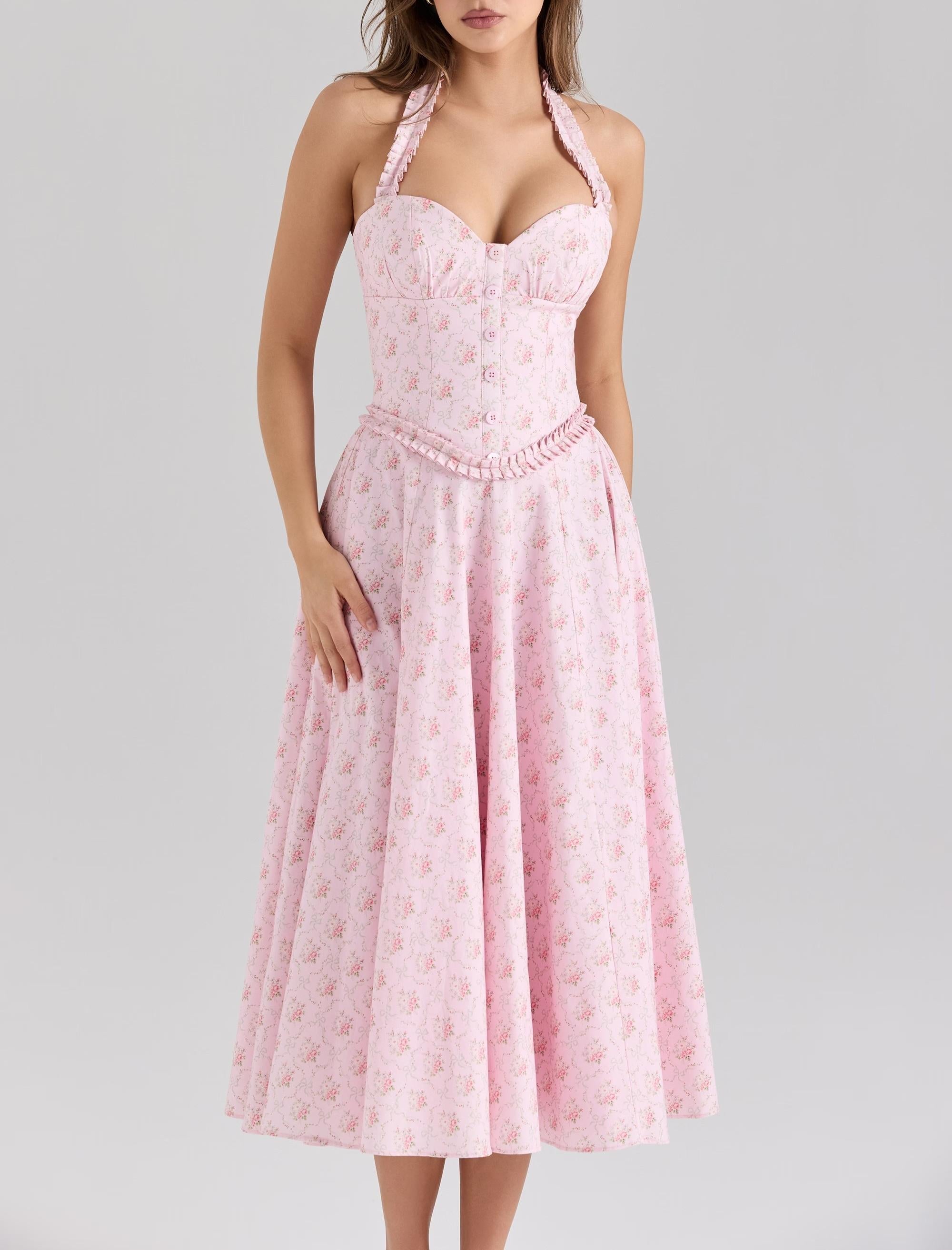 Romantic Sweet Pink Floral Sexy Slimming Beam Waist Backless Halter Dress by Ragazza