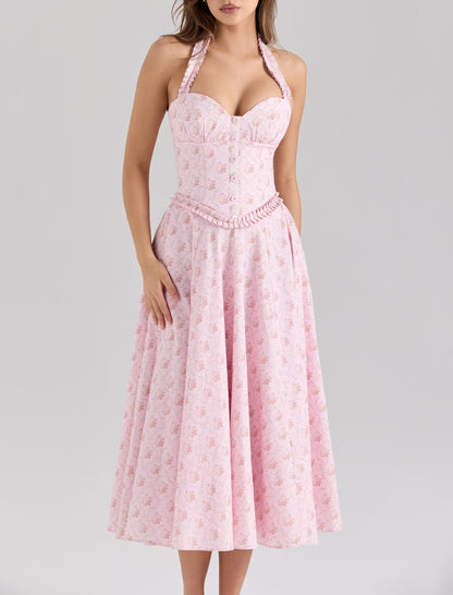 Romantic Sweet Pink Floral Sexy Slimming Beam Waist Backless Halter Dress by Ragazza
