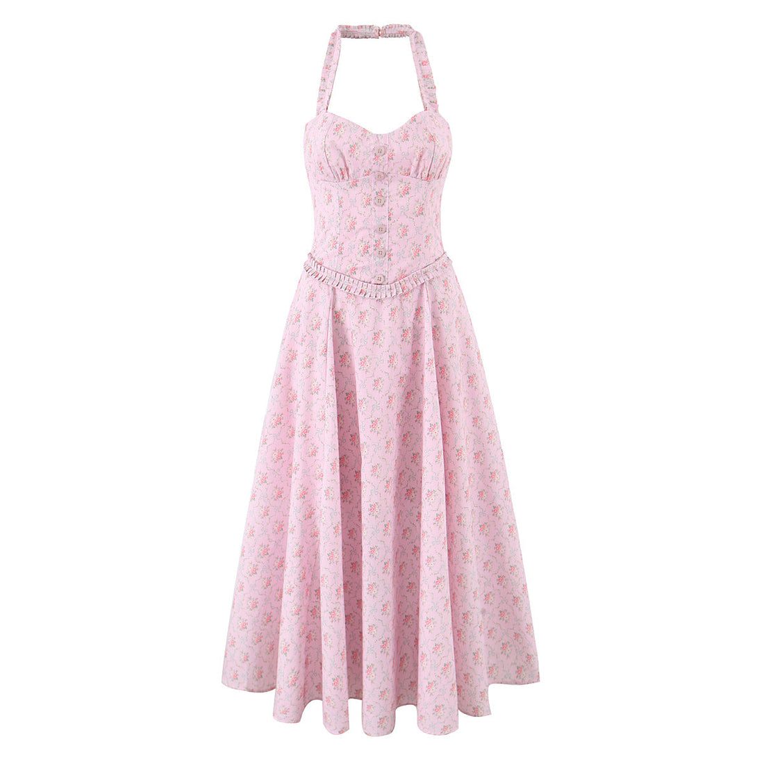 Romantic Sweet Pink Floral Sexy Slimming Beam Waist Backless Halter Dress by Ragazza