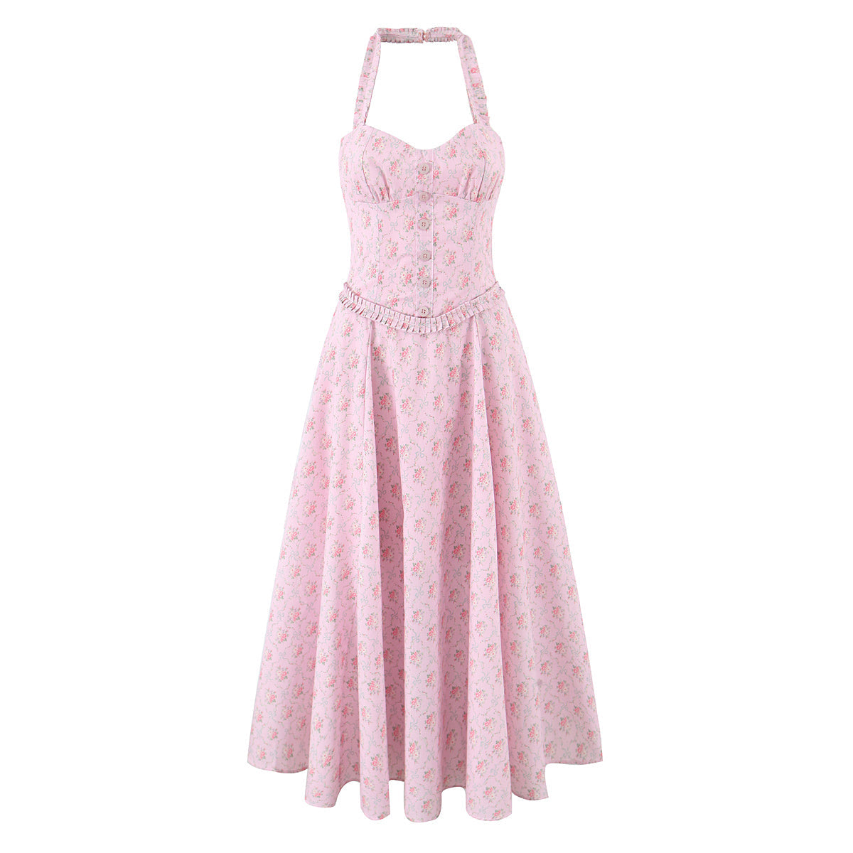 Romantic Sweet Pink Floral Sexy Slimming Beam Waist Backless Halter Dress by Ragazza