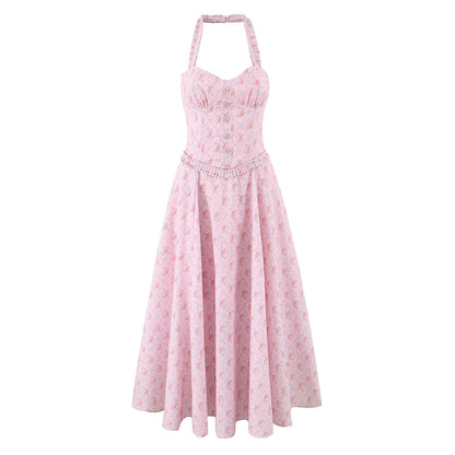 Romantic Sweet Pink Floral Sexy Slimming Beam Waist Backless Halter Dress by Ragazza
