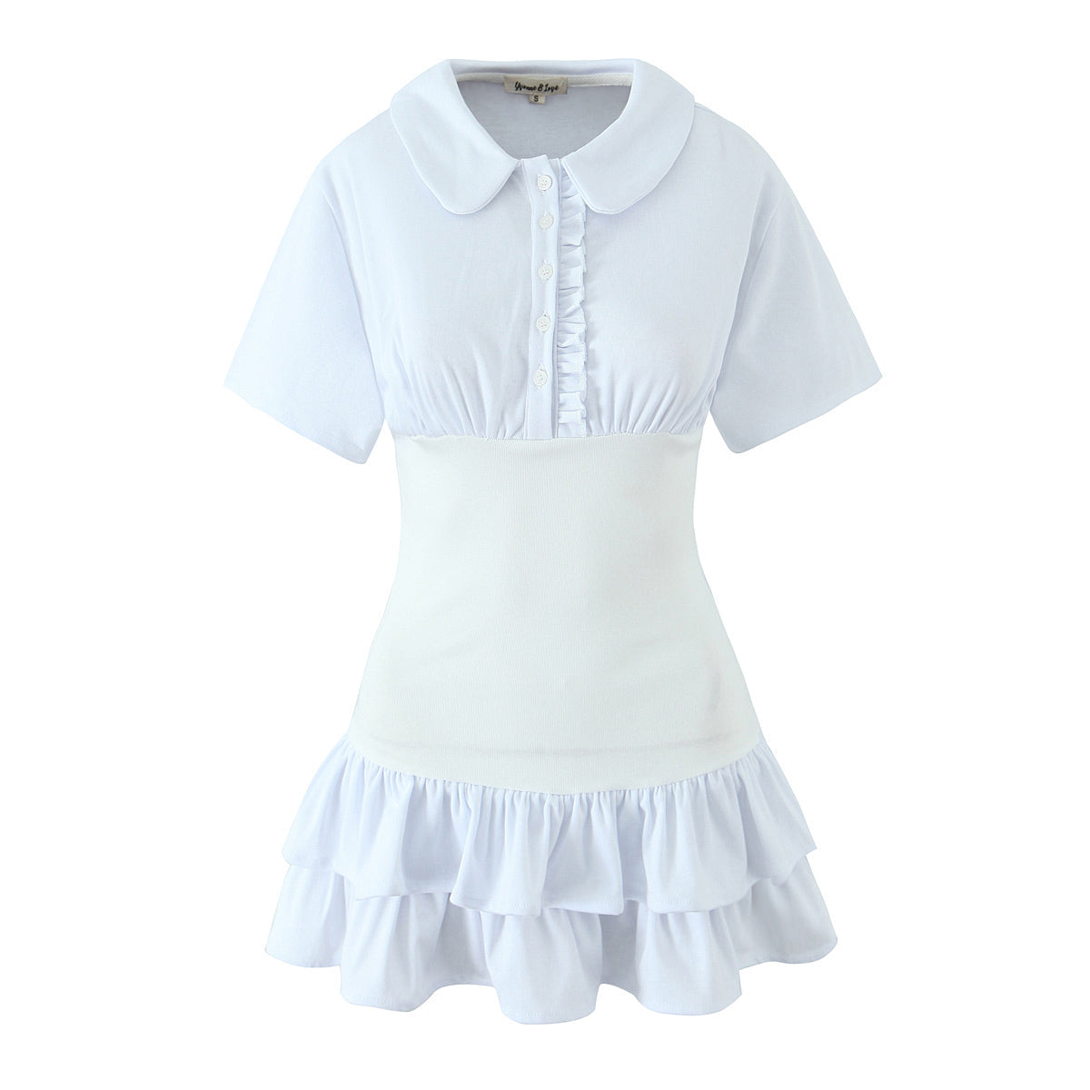 Same as Bloggers Doll Collar Fungus Drop Shoulder Short Sleeve Contrast Color Layer Waist Trimming Short Slim Fit Dress by Ragazza