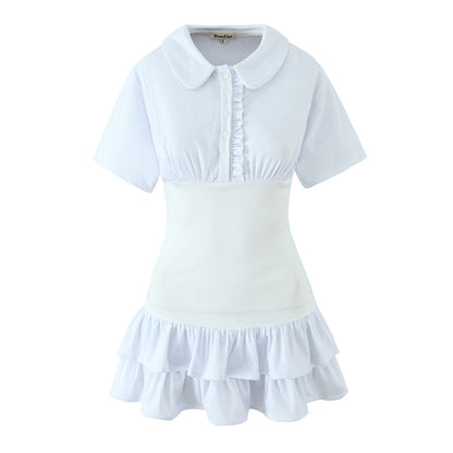 Same as Bloggers Doll Collar Fungus Drop Shoulder Short Sleeve Contrast Color Layer Waist Trimming Short Slim Fit Dress by Ragazza