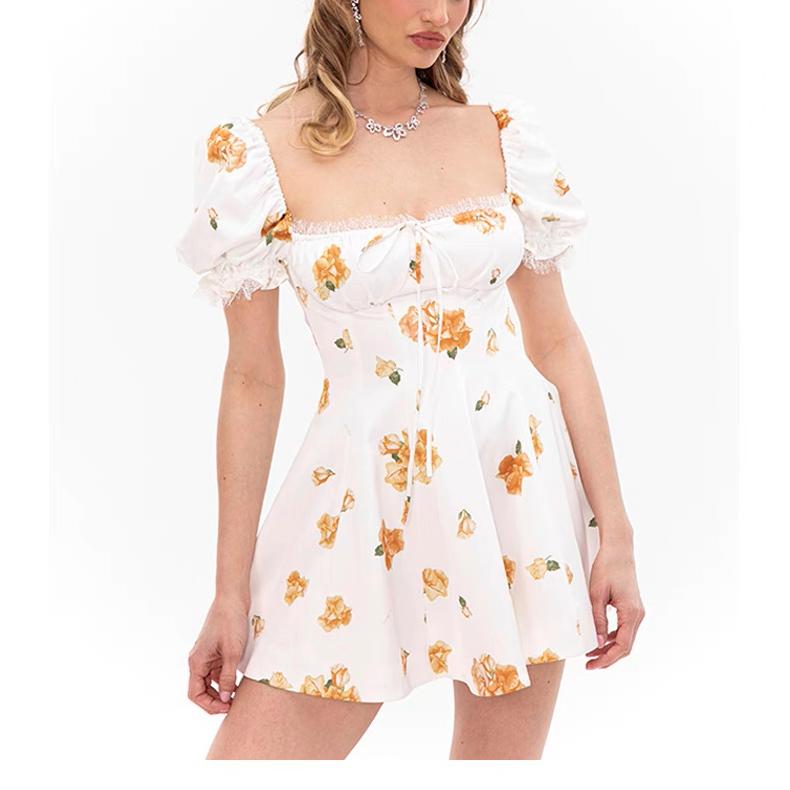 French Sweet Printed Design Puff Sleeve Tube Top Lace Stitching Tied A line Dress Short for Women by Ragazza