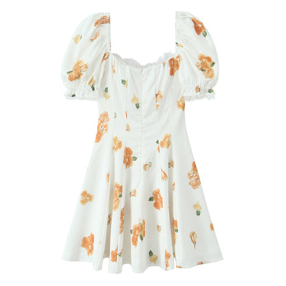French Sweet Printed Design Puff Sleeve Tube Top Lace Stitching Tied A line Dress Short for Women by Ragazza