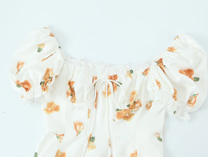 French Sweet Printed Design Puff Sleeve Tube Top Lace Stitching Tied A line Dress Short for Women by Ragazza