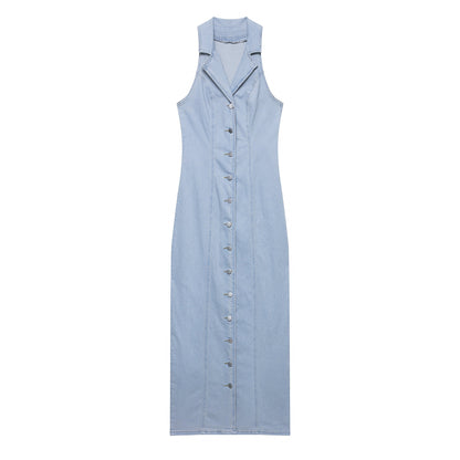 Women Clothing Early Spring Light Blue Sexy Button Denim Long Dress by Ragazza
