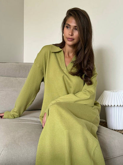 Fall Winter Scissors Collar Soft Woolen Long Elegant All Match Loose Maxi Dress by Ragazza