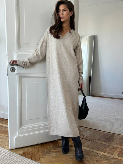 Fall Winter Scissors Collar Soft Woolen Long Elegant All Match Loose Maxi Dress by Ragazza