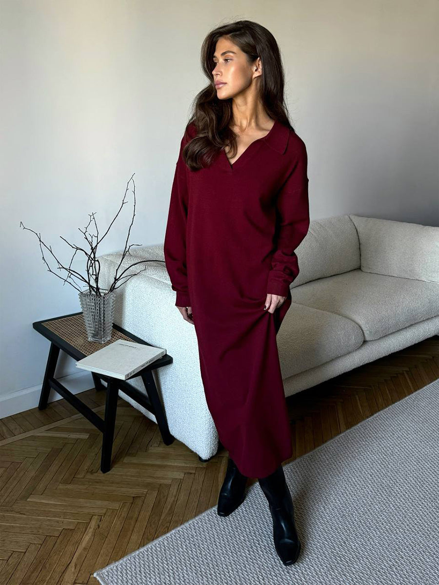 Fall Winter Scissors Collar Soft Woolen Long Elegant All Match Loose Maxi Dress by Ragazza