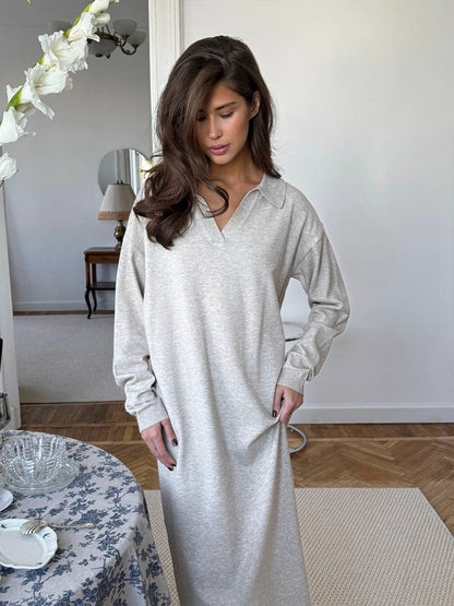 Fall Winter Scissors Collar Soft Woolen Long Elegant All Match Loose Maxi Dress by Ragazza