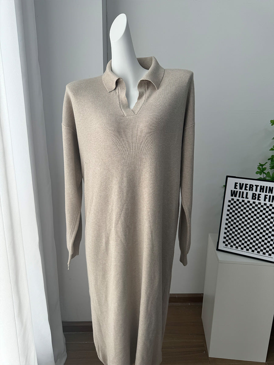 Fall Winter Scissors Collar Soft Woolen Long Elegant All Match Loose Maxi Dress by Ragazza