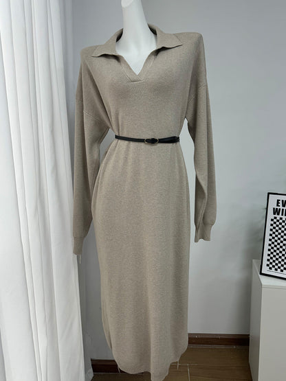 Fall Winter Scissors Collar Soft Woolen Long Elegant All Match Loose Maxi Dress by Ragazza