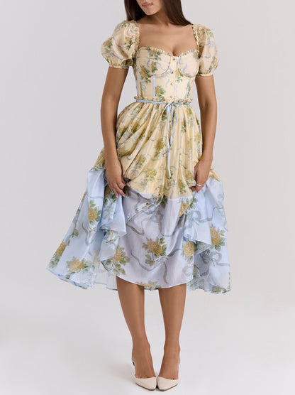 Sweet Printed Chic Puff Sleeve Mid Length Dress Retro Square Collar Vacation Dress by Ragazza
