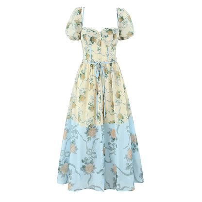 Sweet Printed Chic Puff Sleeve Mid Length Dress Retro Square Collar Vacation Dress by Ragazza