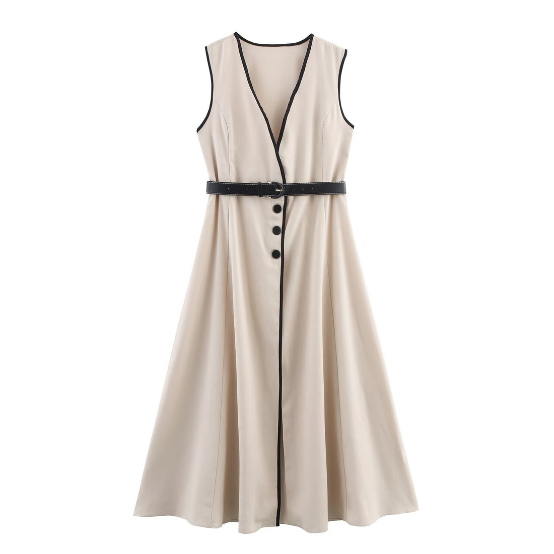 Women Clothing Elegant Slim Fit with Belt Linen Blended Midi Dress by Ragazza