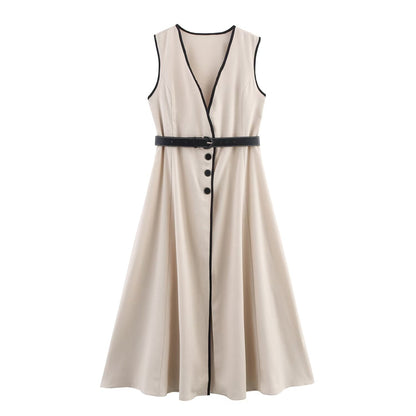 Women Clothing Elegant Slim Fit with Belt Linen Blended Midi Dress by Ragazza