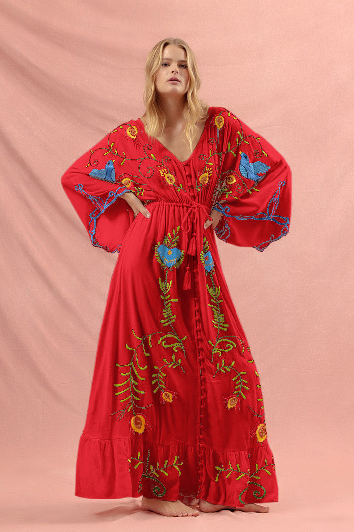 Women Vintage Dress With Bohemian Floral Embroidery by Ragazza