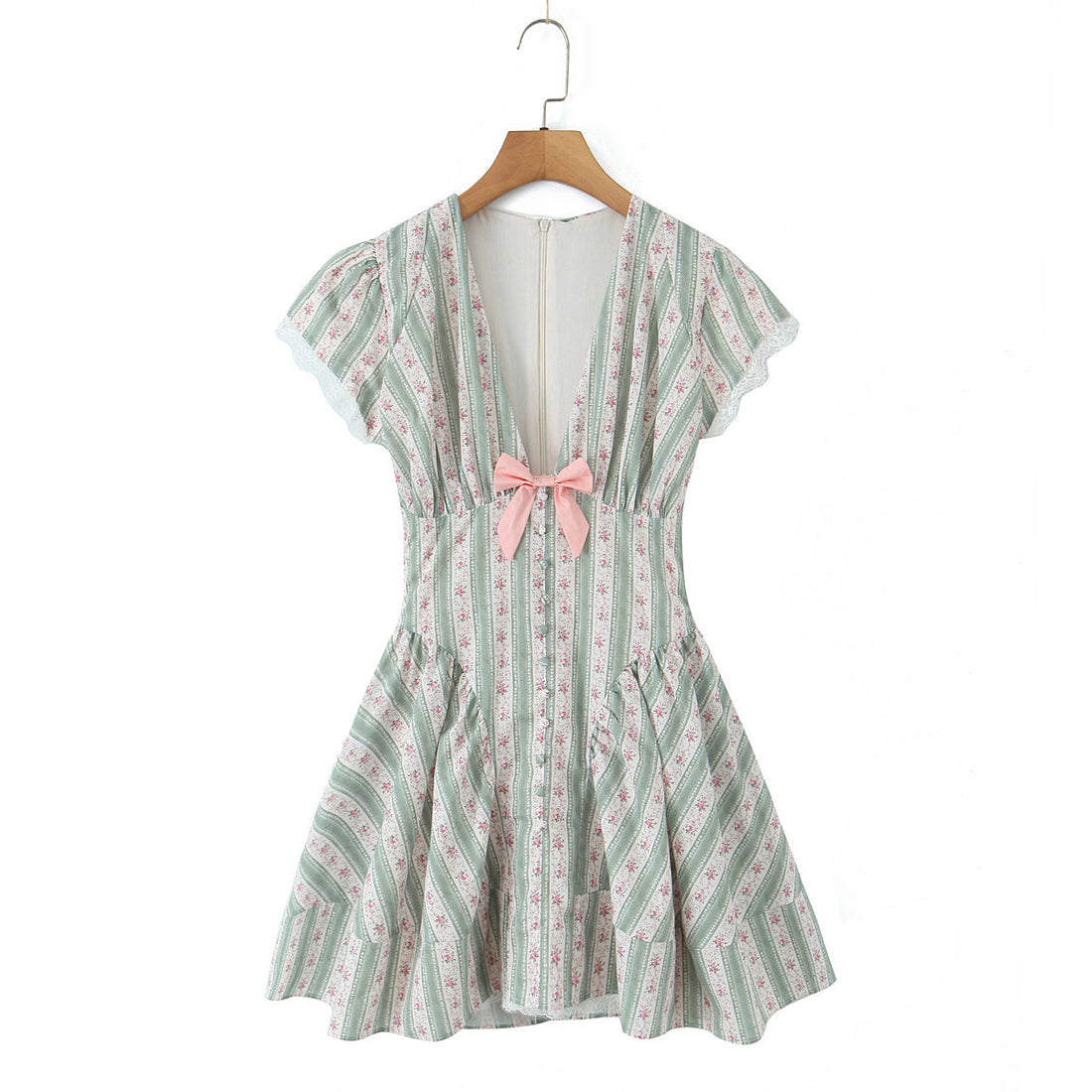 Sweet Romantic Floral Bowknot Decoration Striped Lace V neck Mini Dress Short Dress Women by Ragazza