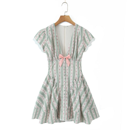 Sweet Romantic Floral Bowknot Decoration Striped Lace V neck Mini Dress Short Dress Women by Ragazza