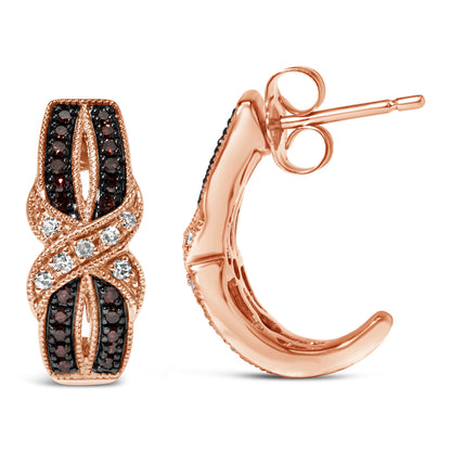 10K Rose Gold 1/3 Cttw White and Brown Diamond Milgrain Criss Cross J-Hoop Earrings (I-J Color, I1-I2 Clarity) by Bids.com