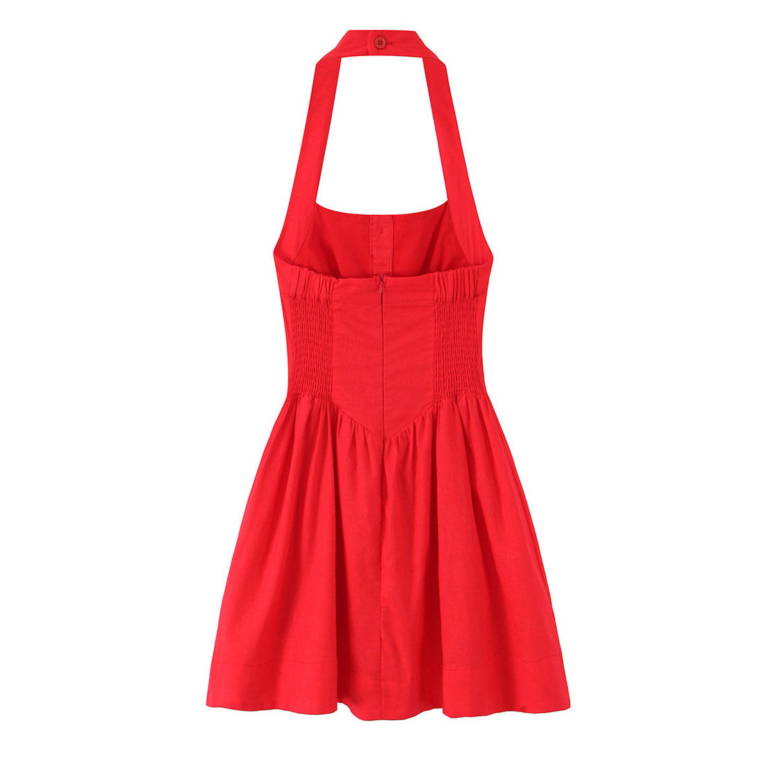 French Slim Fit Retro Red Cotton Linen Halter Large Swing Sexy Low Cut Cinched Slimming Dress by Ragazza