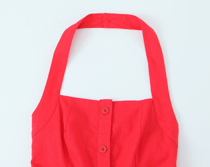 French Slim Fit Retro Red Cotton Linen Halter Large Swing Sexy Low Cut Cinched Slimming Dress by Ragazza