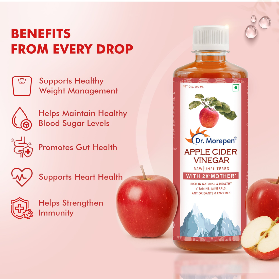 Dr. Morepen Apple Cider Vinegar With 2x Mother for Weight Management, Immunity, Skin &amp; Hair