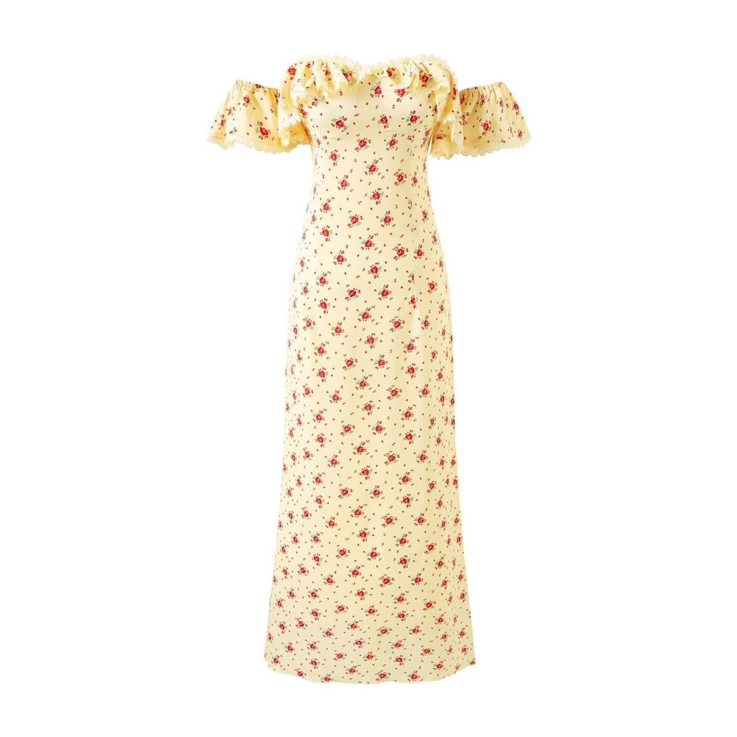 Romantic Floral Flounce Lace Tube Top Cinched Waist Slim Fit Dress Women Summer Seaside Holiday Maxi Dress by Ragazza