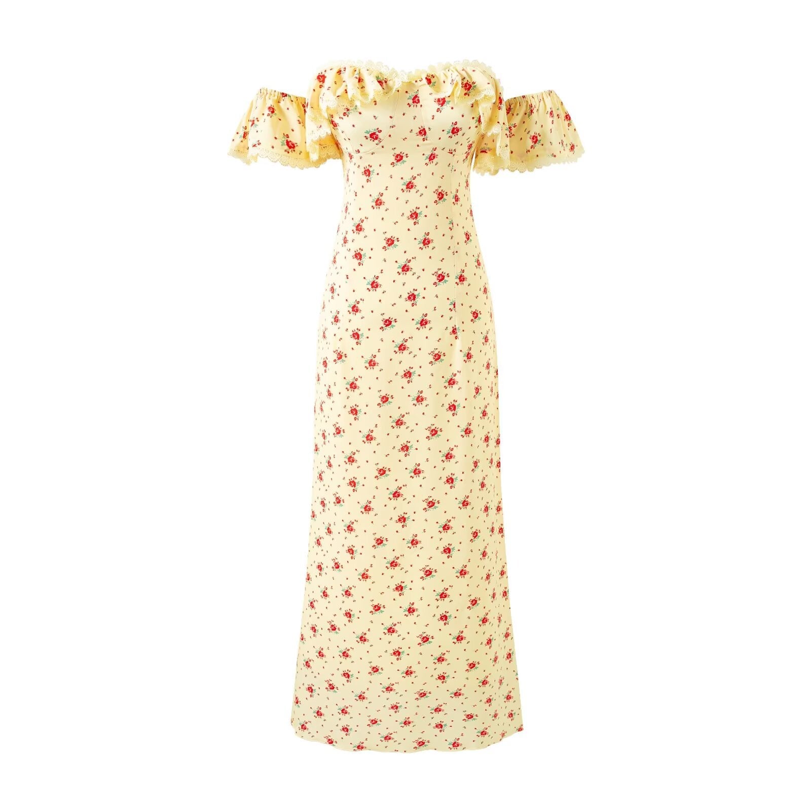 Romantic Floral Flounce Lace Tube Top Cinched Waist Slim Fit Dress Women Summer Seaside Holiday Maxi Dress by Ragazza