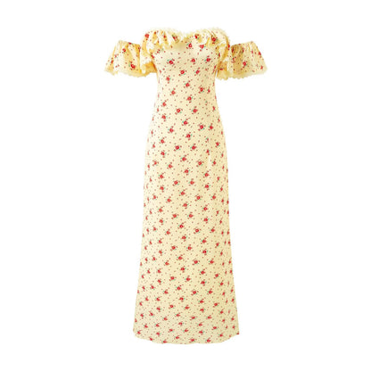 Romantic Floral Flounce Lace Tube Top Cinched Waist Slim Fit Dress Women Summer Seaside Holiday Maxi Dress by Ragazza