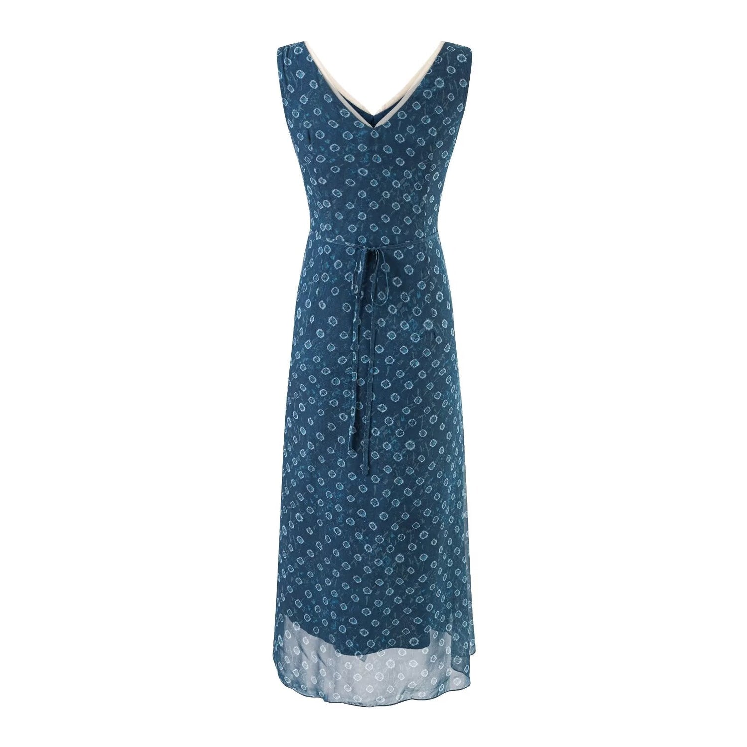 V neck Organza Patchwork Waist Slimming Floral Dress Women Summer Waist Controlled Slim Fit Sleeveless Dress by Ragazza