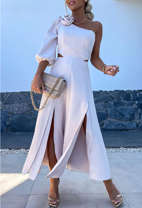 Spring Summer Cross-Shoulder Split Double Layer Dress Casual Party Satin Dress by Ragazza