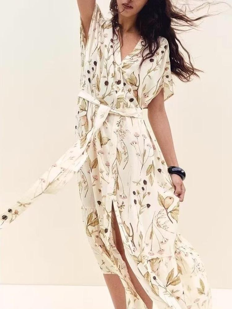 Printed Bohemian Beach Belt Dress Summer Waist Controlled Slimming Midi Dress by Ragazza
