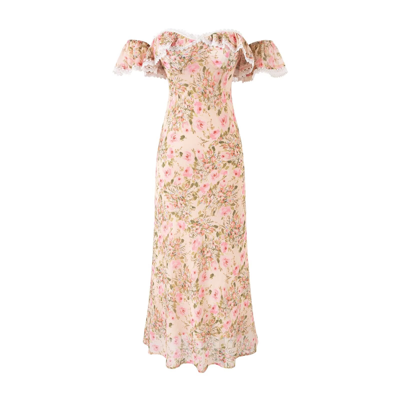 Gentle off Neck Ruffled Floral Dress Fishtail Summer Waisted Slim Fit Package Hip Long Women by Ragazza