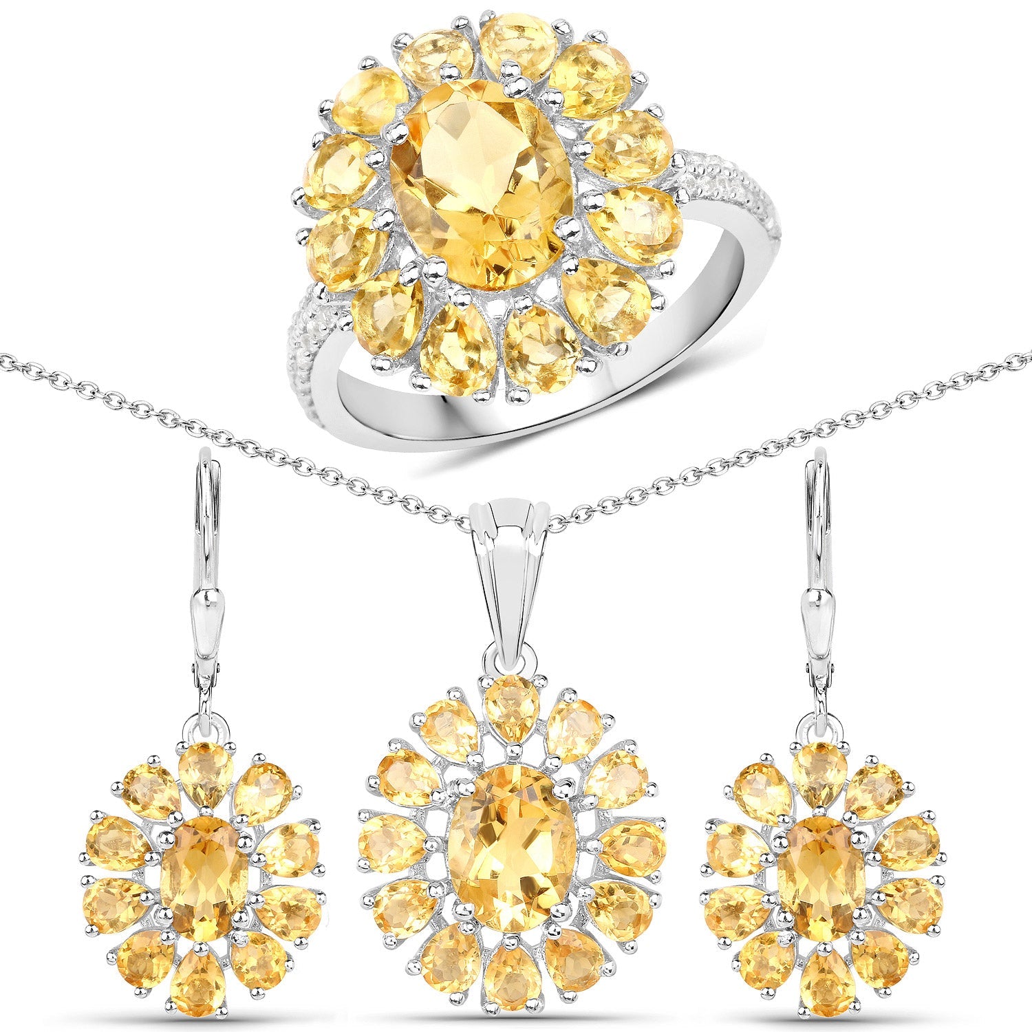 12.24 Carat Genuine Citrine and White Topaz .925 Sterling Silver 3 Piece Jewelry Set (Ring, Earrings, and Pendant w/ Chain) by Bids.com